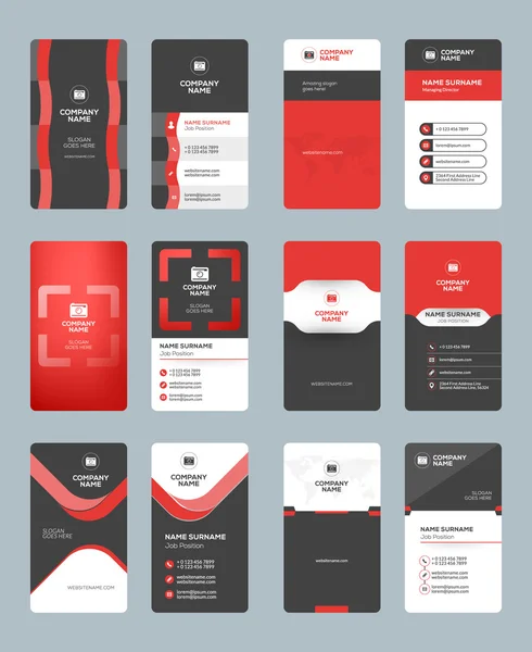 Business card templates. Stationery design vector set. Red and black colors. Vertical business cards. Flat style vector illustration — Stock Vector