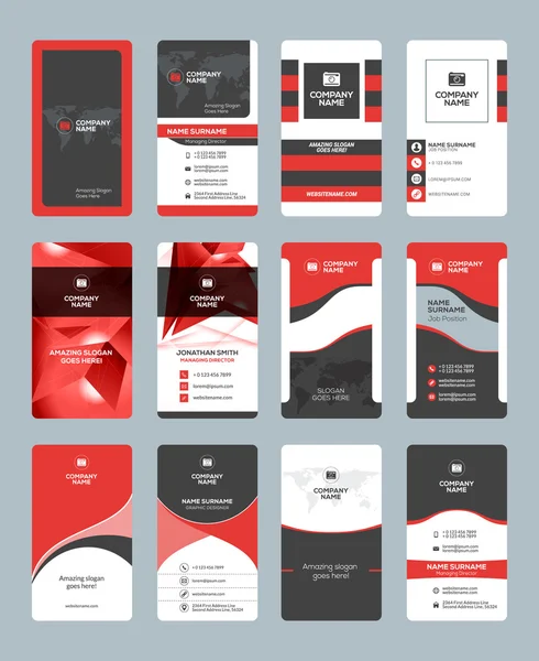 Πρότυπα επαγγελματικών καρτών. Σύνολο διανύσματος σχεδιασμού επιστολόχαρτου. Κόκκινα και μαύρα χρώματα. Κάθετες επαγγελματικές κάρτες. Εικονογράφηση επίπεδου στυλ — Διανυσματικό Αρχείο