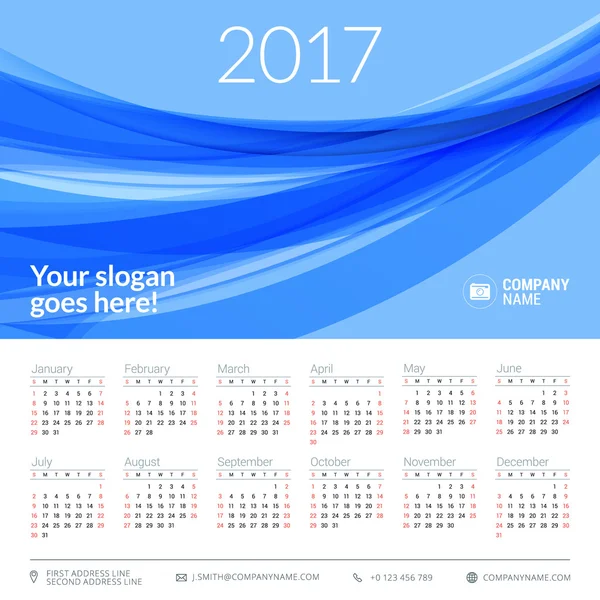 Calendario 2017 año. Plantilla de papelería de diseño vectorial. La semana comienza el domingo. Ilustración de vector de color de estilo plano. Plantilla de calendario anual — Vector de stock