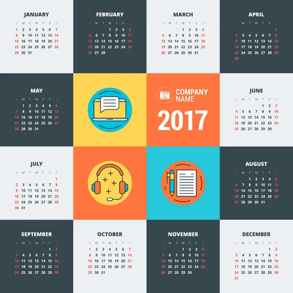 Calendario 2017 año. Plantilla de papelería de diseño vectorial. La semana comienza el domingo. Ilustración de vector de color de estilo plano. Plantilla de calendario anual — Vector de stock