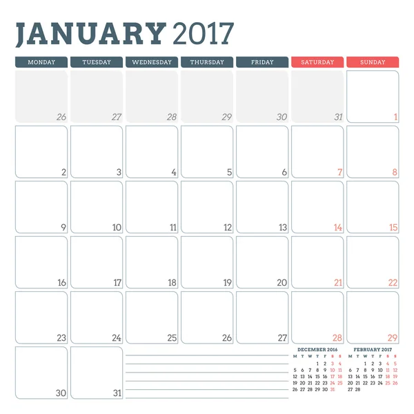 Kalenderplaner-Vorlage für Januar 2017. Woche beginnt Montag. 3 Monate auf Seite. Platz für Notizen. Schreibwarendesign. Vektorkalendervorlage — Stockvektor