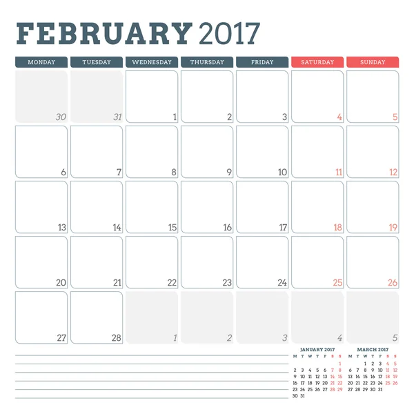 Calendar Planner Template for February 2017. Week Starts Monday. 3 Months on Page. Place for Notes. Stationery Design. Vector Calendar Template — Stock Vector