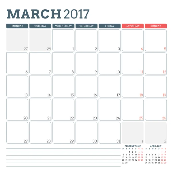 Plantilla de planificador de calendario para marzo de 2017. La semana empieza el lunes. 3 meses en la página. Lugar para Notas. Diseño de Papelería. Plantilla de calendario vectorial — Archivo Imágenes Vectoriales