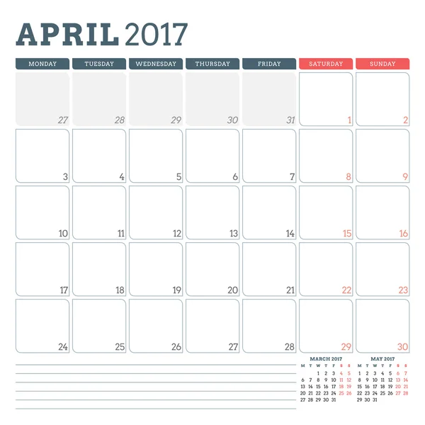 Plantilla de planificador de calendario para abril de 2017. La semana empieza el lunes. 3 meses en la página. Lugar para Notas. Diseño de Papelería. Plantilla de calendario vectorial — Archivo Imágenes Vectoriales