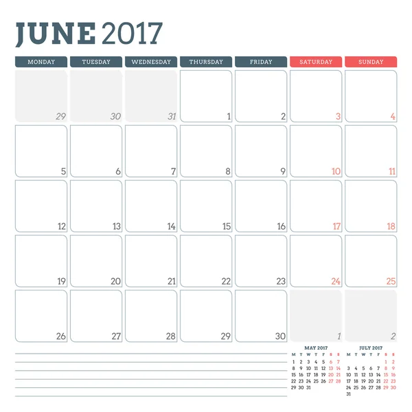 Mall för kalender planering för juni 2017. Veckan startar måndag. 3 månader på sidan. Plats för anteckningar. Brevpapper design. Mall för vektor kalender — Stock vektor