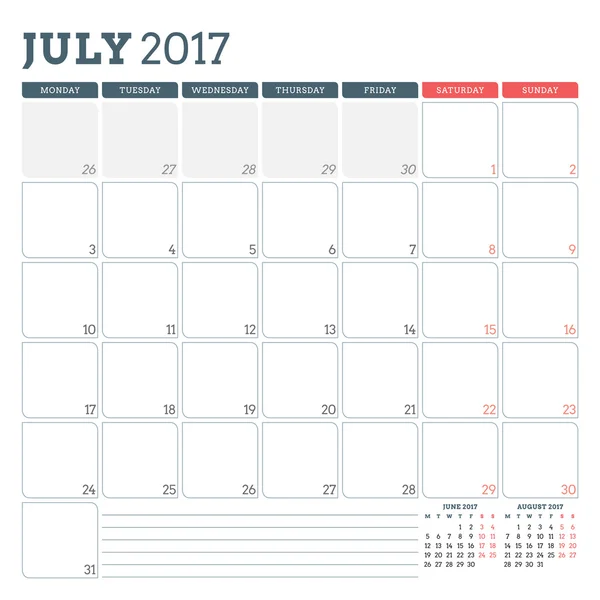 Шаблон планування календаря на липень 2017 року. Тиждень починається з понеділка. 3 місяці на сторінці. Місце для записів. Дизайн канцелярського приладдя. Векторний шаблон календаря — стоковий вектор