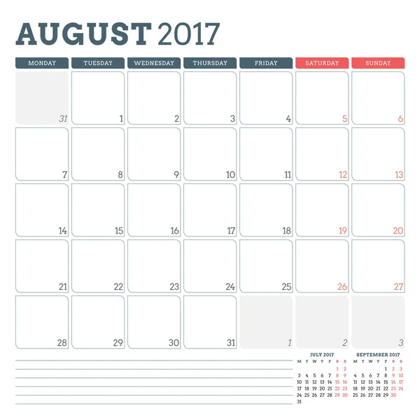 Plantilla de planificador de calendario para agosto de 2017. La semana empieza el lunes. 3 meses en la página. Lugar para Notas. Diseño de Papelería. Plantilla de calendario vectorial — Vector de stock