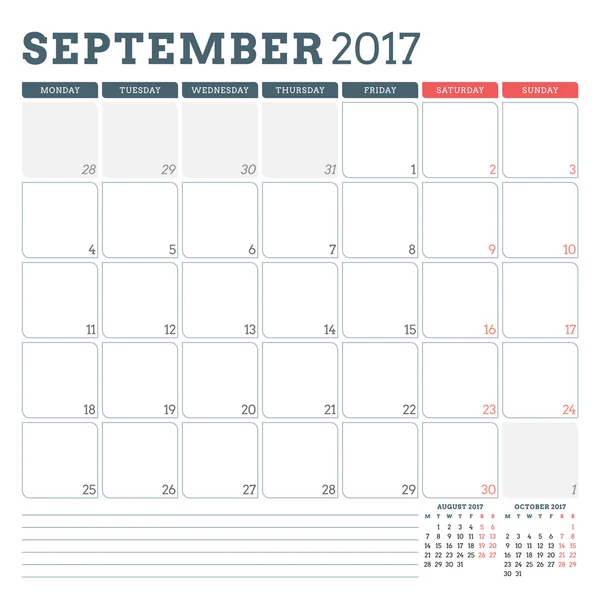 Mall för kalender planering för september 2017. Veckan startar måndag. 3 månader på sidan. Plats för anteckningar. Brevpapper design. Mall för vektor kalender — Stock vektor