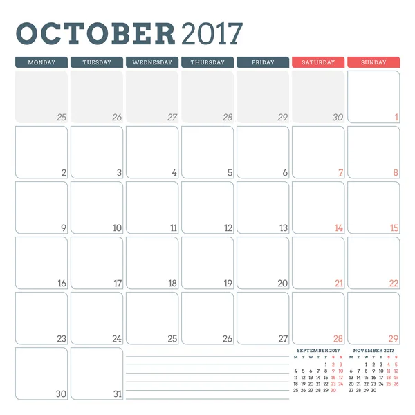 Modèle de planificateur de calendrier pour octobre 2017. La semaine commence lundi. 3 mois à la page. Place pour les notes. Papeterie Design. Modèle de calendrier vectoriel — Image vectorielle