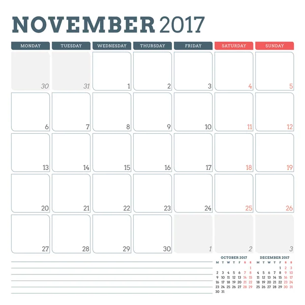 Πρότυπο προγραμματιστή ημερολογίου για το 2017 Νοεμβρίου. Η εβδομάδα ξεκινά τη Δευτέρα. 3 μήνες στη σελίδα. Μέρος για σημειώσεις. Σχεδιασμός επιστολόχαρτου. Μοντέλο διανυσματικού ημερολογίου — Διανυσματικό Αρχείο