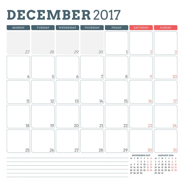 Πρότυπο σχεδιασμού ημερολογίου για το Δεκέμβριο 2017. Η εβδομάδα ξεκινά τη Δευτέρα. 3 μήνες στη σελίδα. Μέρος για σημειώσεις. Σχεδιασμός επιστολόχαρτου. Μοντέλο διανυσματικού ημερολογίου — Διανυσματικό Αρχείο