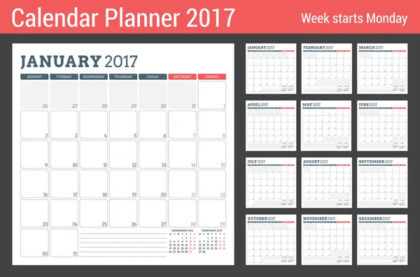 Kalenderplaner-Vorlage für 2017 Jahr. Die Woche beginnt am Montag. 3 Monate auf Seite. Satz von 12 Monaten. Platz für Notizen. Schreibwarendesign. Vektorkalendervorlage — Stockvektor