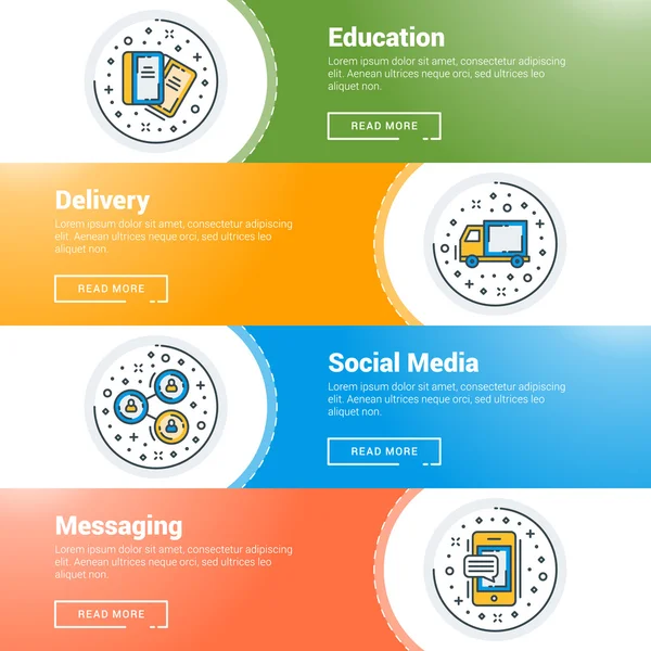 Ensemble de modèles de bannière de site Web d'entreprise de ligne plate. Illustration vectorielle. icônes de ligne mince moderne en cercle. Éducation, prestation, médias sociaux, messagerie — Image vectorielle