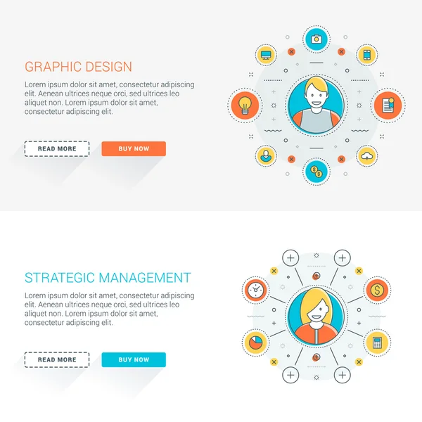 Sada šablon proužkové webové stránky s plochou linkou. Vektorová ilustrace. Moderní ikony s tenkou čárou v kruhu. Webová tlačítka s dlouhým stínem. Grafický design. Strategické řízení — Stockový vektor
