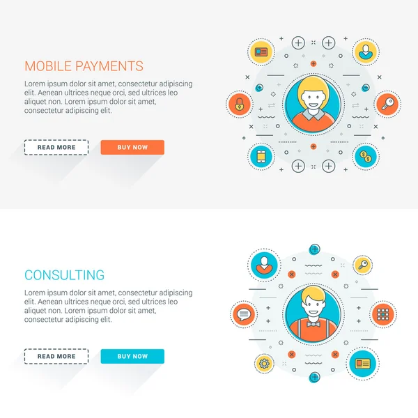 一组平面业务网站横幅模板。矢量插图。圆形的现代细线图标。长阴影的 Web 按钮。移动支付。咨询 — 图库矢量图片