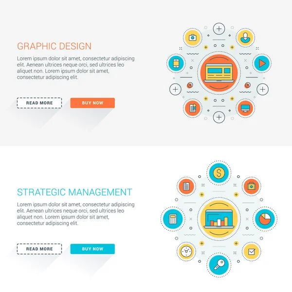 フラットラインビジネスウェブサイトバナーテンプレートのセット。ベクトルイラスト。円の中の現代の細い線のアイコン。長い影を持つ Web ボタン。グラフィックデザイン。戦略的管理 — ストックベクタ