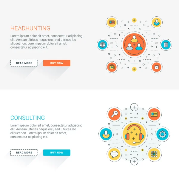 Zestaw płaskich szablonów banerów internetowych dla firm. Ilustracja wektorowa. Nowoczesne cienkie ikony linii w okręgu. Przyciski internetowe z długim cieniem. Headhunting. Doradztwo — Wektor stockowy