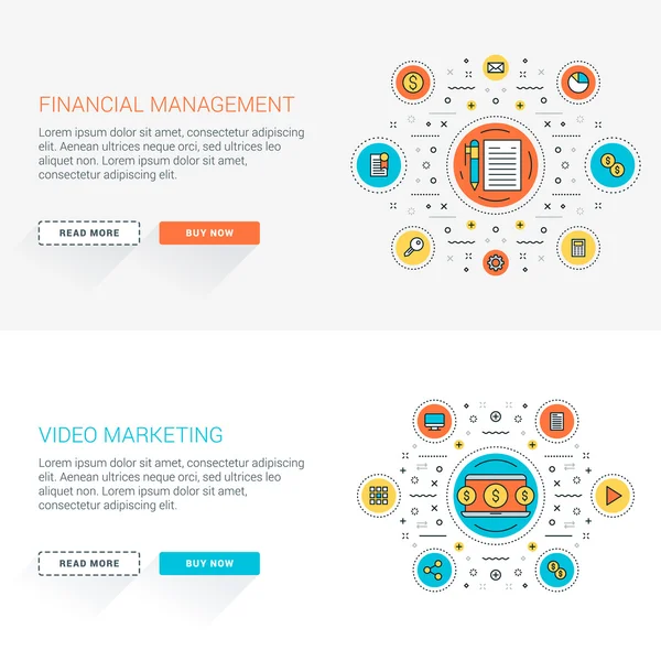 フラットラインビジネスウェブサイトバナーテンプレートのセット。ベクトルイラスト。円の中の現代の細い線のアイコン。長い影を持つ Web ボタン。財務管理。ビデオマーケティング — ストックベクタ