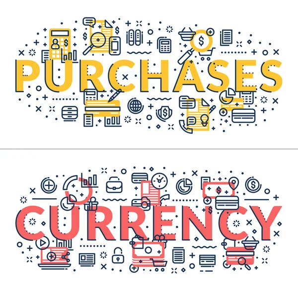 Purchases and Currency headings, titles. Horizontal colored flat vector illustration. — Stock Vector