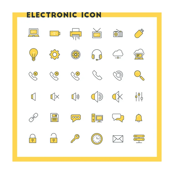 Computer e tecnologia piatto set di icone di design. Computer, telefono, sicurezza, posta. Colori giallo e nero. Icone vettoriali — Vettoriale Stock