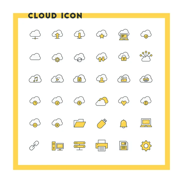 Cloud Computing flache Design-Icon-Set. Cloud, Verbindung, Computer, Ordner, Einstellungen. Vektorsymbole. gelbe und schwarze Farben — Stockvektor