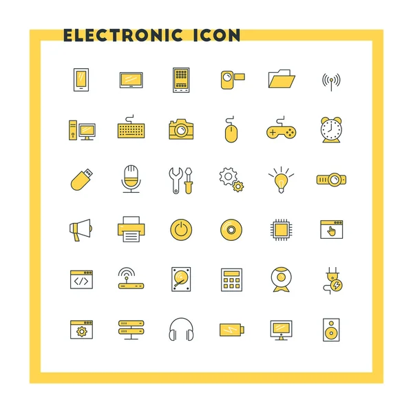 Computer e set di icone di design piatto elettronico. Cellulare, stampante, computer, tastiera, router. Colori giallo e nero. Icone vettoriali — Vettoriale Stock