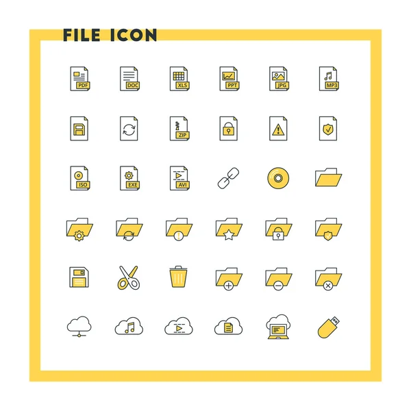 Set di icone di design piatto di file e cartelle. Tipo di file, cartelle, cloud computing, salvataggio, taglio, eliminazione. Icone vettoriali. Colori giallo e nero — Vettoriale Stock