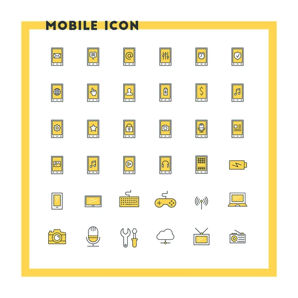 Set di icone di design piatto del telefono cellulare. Cellulare con icone, computer, fotocamera, nuvola, gioco, batteria. Icone vettoriali. Colori giallo e nero — Vettoriale Stock