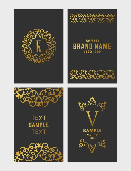 Set of Art Deco Logo Frame and Monogram, Golden on Black Background Vector Illustration. — Stock Vector