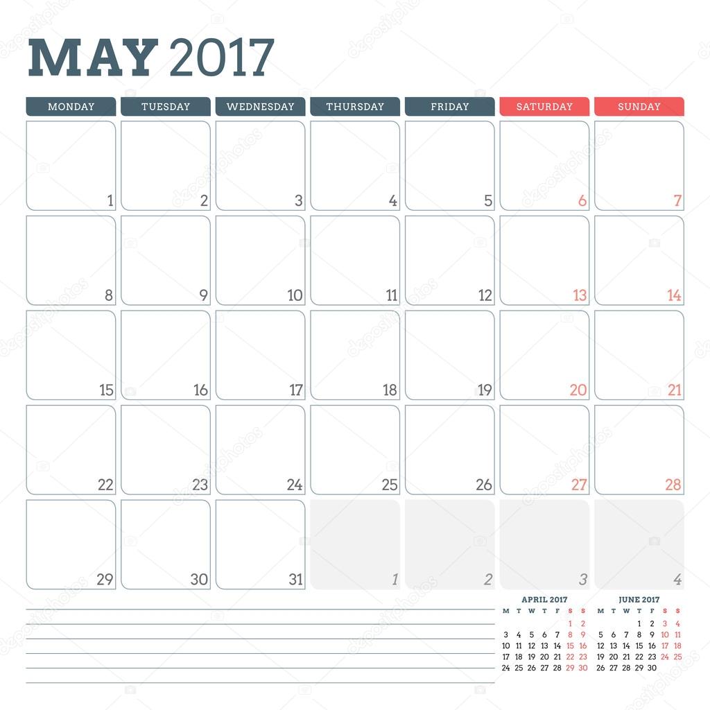 17年5月のカレンダープランナーテンプレート 週は月曜日から始まります ページ上の3ヶ月 ノートの場所 文房具デザイン ベクトルカレンダーテンプレート ストックベクター C Antartstock