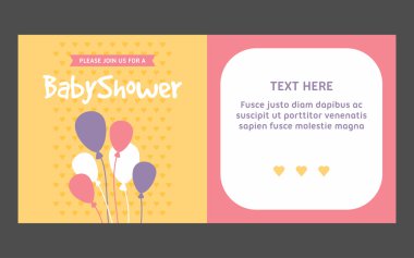 Baloons ile iki tarafı bebek duş davetiyesi şablonu. Renkli düz vektör çizimi.