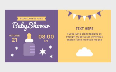 Süt şişesi ile iki tarafı bebek duş davetiyesi şablonu. Renkli düz vektör çizimi.