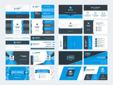 Modern yaratıcı kartvizit şablonları kümesi. Mavi ve siyah renk. Düz stil vektör çizim. İleti örneği tasarım