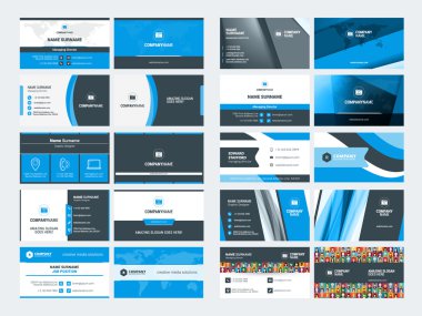 Modern yaratıcı kartvizit şablonları kümesi. Mavi ve siyah renk. Düz stil vektör çizim. İleti örneği tasarım