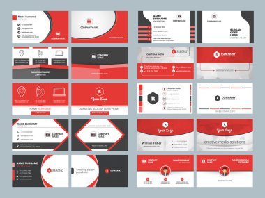 Kartvizit şablonları. İleti örneği tasarım vektör kümesi. Kırmızı ve siyah renkleri. Düz stil vektör çizim