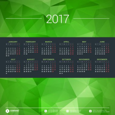 2017 yılı takvimi. Vektör tasarım kırtasiye şablonu. Hafta pazartesi başlıyor. Düz stil renk vektör illüstrasyon. Yıllık takvim şablonu