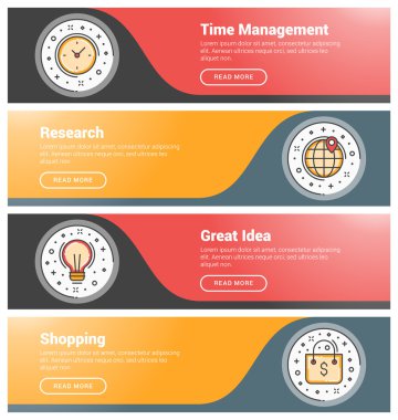 Düz tasarım konsepti. Düz çizgi iş web sitesi afiş şablonları kümesi. Wesite üstbilgiler için şablon. Vektör illüstrasyon. Daire içinde modern ince çizgi simgeleri. Zaman Yönetimi, Araştırma, Harika Fikir, Mağaza
