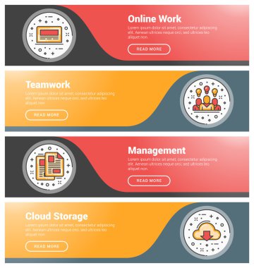 Düz tasarım konsepti. Düz çizgi iş web sitesi afiş şablonları kümesi. Wesite üstbilgiler için şablon. Vektör illüstrasyon. Daire içinde modern ince çizgi simgeleri. Online İş, Takım Çalışması, Yönetim, Bulut St