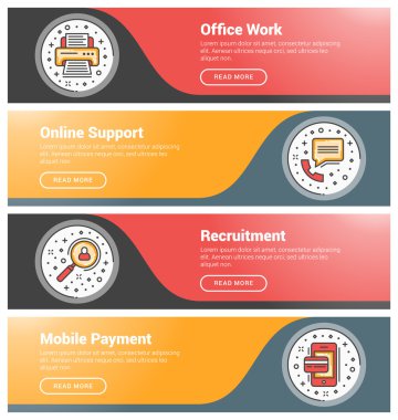 Düz tasarım konsepti. Düz çizgi iş web sitesi afiş şablonları kümesi. Wesite üstbilgiler için şablon. Vektör illüstrasyon. Daire içinde modern ince çizgi simgeleri. Ofis Çalışması, Online Destek, İşe Alım, M