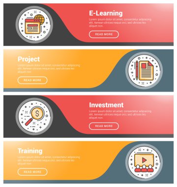 Düz tasarım konsepti. Düz çizgi iş web sitesi afiş şablonları kümesi. Wesite üstbilgiler için şablon. Vektör illüstrasyon. Daire içinde modern ince çizgi simgeleri. E-öğrenme, Proje, Yatırım, Eğitim