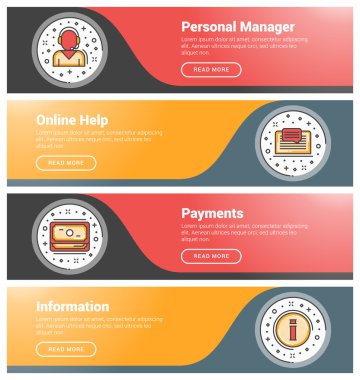 Düz tasarım konsepti. Düz çizgi iş web sitesi afiş şablonları kümesi. Wesite üstbilgiler için şablon. Vektör illüstrasyon. Daire içinde modern ince çizgi simgeleri. Kişisel Yönetici, Online Yardım, Ödemeler, In