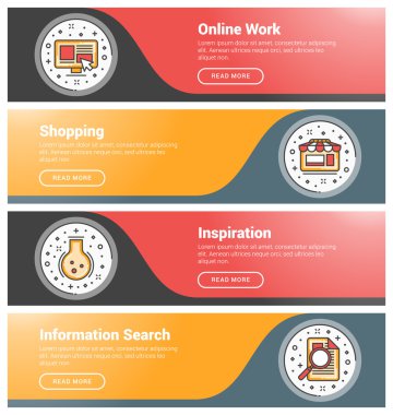 Düz tasarım konsepti. Düz çizgi iş web sitesi afiş şablonları kümesi. Wesite üstbilgiler için şablon. Vektör illüstrasyon. Daire içinde modern ince çizgi simgeleri. Online İş, Alışveriş, İlham, Informa