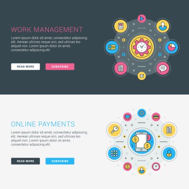 Düz çizgi iş web sitesi afiş şablonları kümesi. Vektör illüstrasyon. Daire içinde modern ince çizgi simgeleri. Web Banners ve Promosyon Malzemeleri için İllüstrasyon Kavramlar. İş yönetimi. Online paym