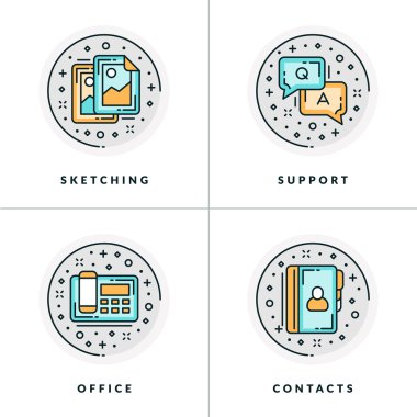 İş ve çalışma. Çizim, destek, ofis, kişiler üzerinde dört simge kümesi. Renkli, gri, turuncu ve mavi düz vektör çizimler.