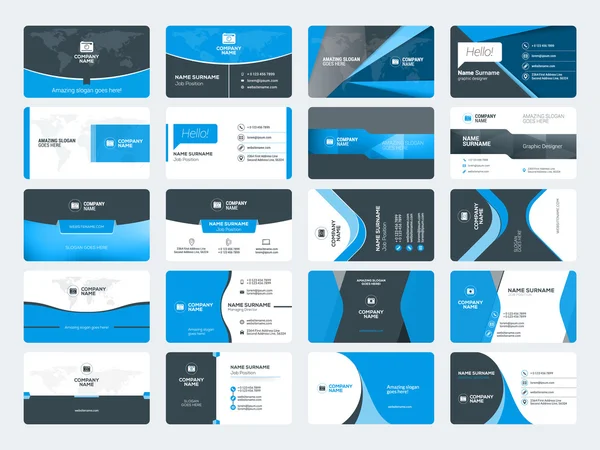 Set moderne creatieve visitekaartjes sjablonen. Blauwe en zwarte kleuren. Vlakke stijl vectorillustratie. Briefpapierontwerp — Stockvector