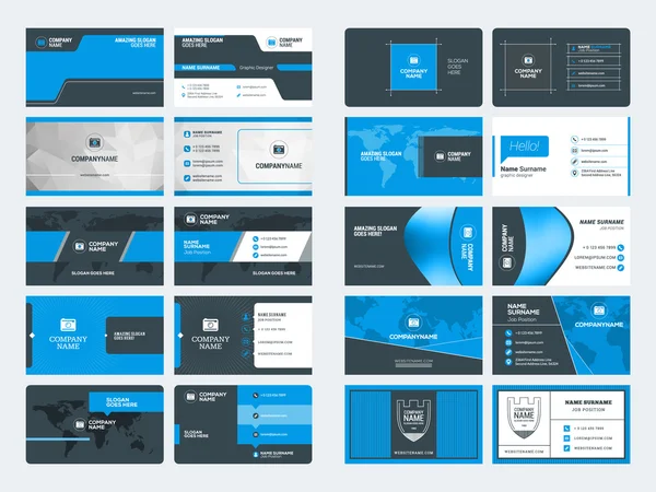 Set di modelli di biglietti da visita creativi moderni. Colori blu e nero. Illustrazione vettoriale in stile piatto. Progettazione di articoli di cancelleria — Vettoriale Stock