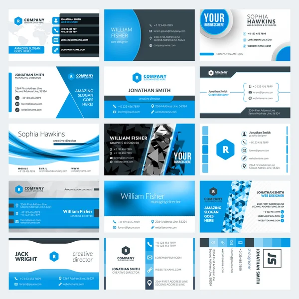 Set of modern creative business card templates. Blue and black colors. Flat style vector illustration. Stationery design — Stock Vector