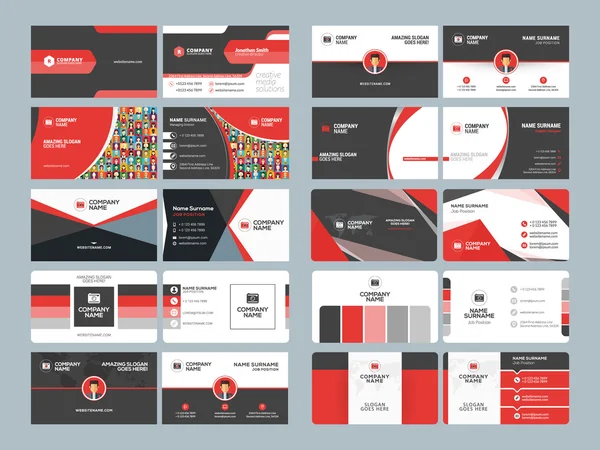 Modelos de cartões de visita. Conjunto de vetores de design de papelaria. Cores vermelho e preto. Ilustração vetorial de estilo plano —  Vetores de Stock