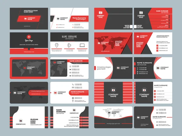 Modelli di biglietti da visita. Set vettoriale di progettazione cancelleria. Colori rosso e nero. Illustrazione vettoriale in stile piatto — Vettoriale Stock