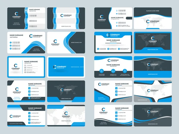 Kartvizit şablonları. İleti örneği tasarım vektör kümesi. Mavi ve siyah renk. Düz stil vektör çizim